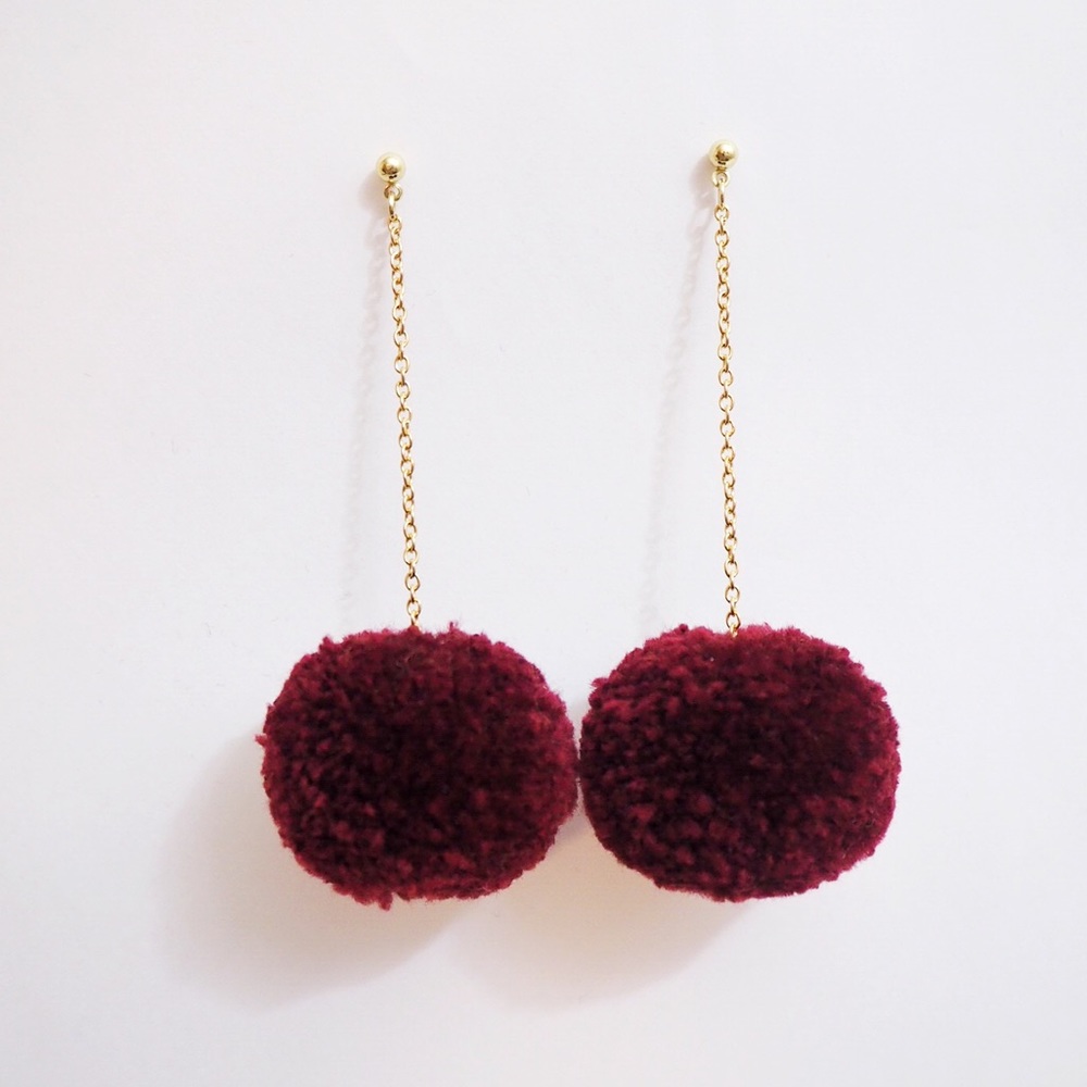 Red Wine Long Chain Pom Pom Earrings